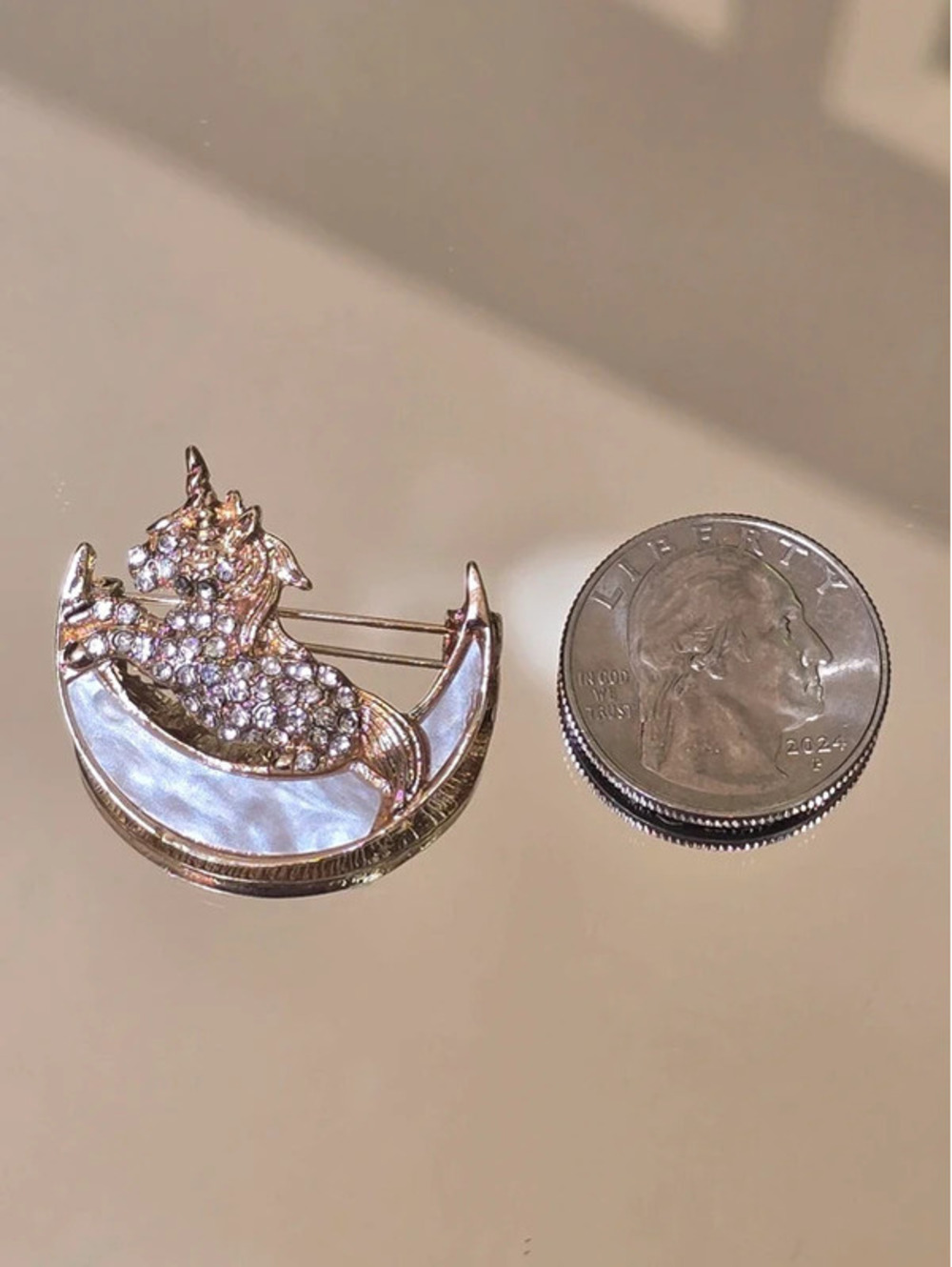 Whimsical Gold Tone Rhinestone Unicorn on Pearled Crescent Moon Brooch
